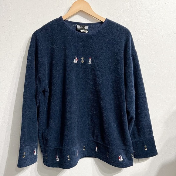 VINTAGE Art Unlimited Nautical Anchor Terry Cloth Pullover Medium Navy Blue 90s - Picture 1 of 6